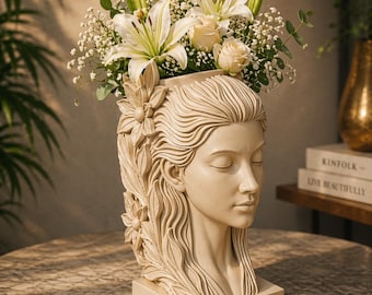 Jarrón con forma de rostro (STL), Maceta con forma de cabeza de mujer (STL), Jarrón con forma de diosa (STL), Jarrón con forma de cabeza floral (impresión 3D), Jarrón artístico (STL), Maceta escultórica (STL), Decoración del hogar (STL)