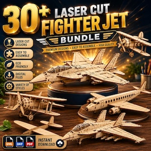 Puede incluir: Un paquete digital de más de 30 diseños de aviones de combate cortados con láser que incluye modelos de aviones de madera. La imagen muestra varios modelos de aeronaves, incluidos biplanos y jets, con texto que dice 30+ LASER CUT FIGHTER JET BUNDLE, SVG, DXF, PDF e INSTANT DOWNLOAD. Son archivos digitales para ensamblar.