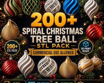 May include: A collection of various spiral Christmas tree ball ornaments in red, green, gold, white, and blue, displayed with text reading 200+ SPIRAL CHRISTMAS TREE BALL STL PACK, 200+ STL FILES, 3D PRINT READY, and COMMERCIAL USE ALLOWED.