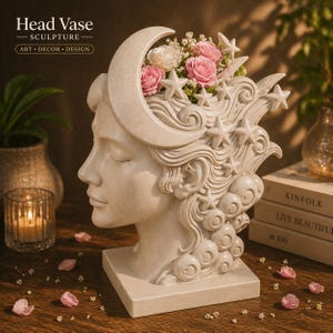 May include: A cream-colored head vase sculpture with a crescent moon and star details. The vase is filled with pink and white roses. The text on the vase reads "Head Vase Sculpture Art Decor Design."