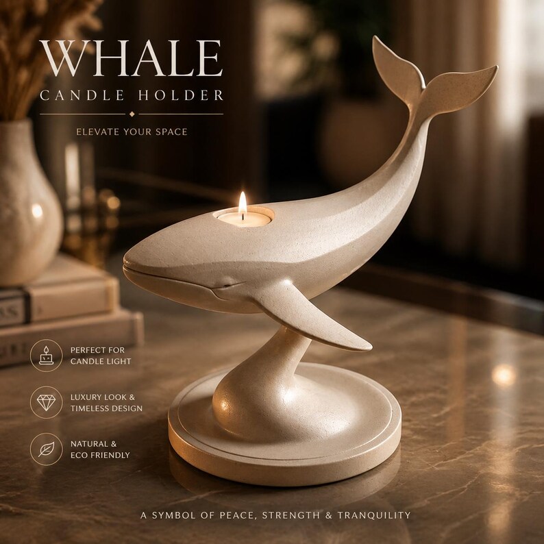 Puede incluir: Un portavelas beige con forma de ballena con una vela encendida. El soporte tiene cola, aletas y una base redonda. El texto de la imagen dice "WHALE CANDLE HOLDER" y "ELEVATE YOUR SPACE". El dise&ntilde;o se describe como "LUXURY LOOK & TIMELESS DESIGN".