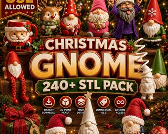 Puede incluir: Una colección digital de más de 240 archivos STL de gnomos navideños para impresión 3D, que incluye varias figuras de gnomos, una taza de Santa Claus y una taza de reno. La imagen muestra el texto "CHRISTMAS GNOME 240+ STL PACK" y "COMMERCIAL USE ALLOWED".