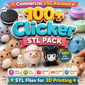 Pode incluir: Um gráfico digital para um pacote STL 100+ Clicker para impressão 3D, apresentando várias figuras impressas em 3D, incluindo um biscoito, macarons, um fantasma, uma ovelha, uma cabeça de personagem e vários pequenos animais redondos.