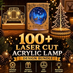 Może przedstawiać: Kolekcja trzech podświetlanych lamp akrylowych przedstawiających zabytkowy samochód, okrągłą scenę Merry Christmas and Happy New Year z jeleniami oraz choinkę. Tekst 100+ LASER CUT ACRYLIC LAMP DESIGN BUNDLE jest wyraźnie wyeksponowany.