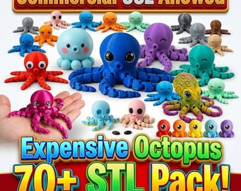 Paquete de más de 70 archivos STL de pulpos, archivos de impresión 3D de pulpos flexibles, paquete de archivos STL de pulpos articulados adorables, paquete de archivos STL de juguetes para uso comercial