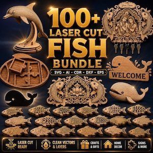 May include: A digital collection of 100+ laser cut fish designs featuring wooden dolphin sculptures, whale signs, intricate fish-themed wall art, and various fish silhouettes in SVG, AI, CDR, DXF, and EPS formats for crafting projects.