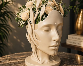 Jarrón con forma de cabeza STL, Maceta con forma de rostro para meditación STL, Jarrón con escultura zen STL, Maceta con forma de cabeza de mujer estética, Decoración moderna para el hogar STL, Jarrón de flores 3D Prin