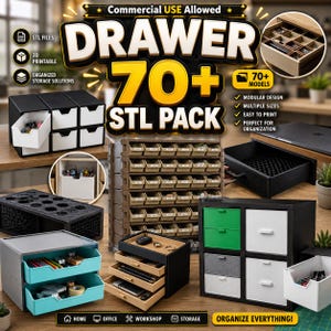 May include: A digital collection of 70+ 3D printable STL files for modular drawer storage systems. The image displays various drawer units in black, white, green, and light blue, featuring stackable designs and compartments for organizing small items.