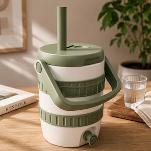 Könnte beinhalten: Ein weißer und olivgrüner Wasserkühler mit Griff und Ausguss. Der Kühler hat eine zylindrische Form mit Deckel und Strohhalm. Der Griff ist gebogen und an den Seiten befestigt. Ein Glas Wasser steht in der Nähe.