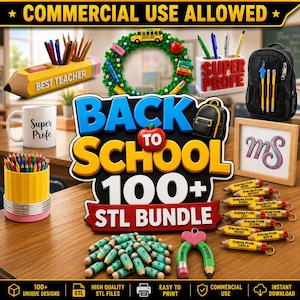 May include: A digital collection of 3D printable files featuring school-themed items like pencil-shaped pen holders, a backpack, a mug labeled Super Profe, a wreath, and personalized pencil keychains with names, all displayed as a bundle.
