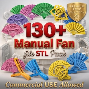 Puede incluir: Una colección de abanicos manuales coloridos en varios diseños, incluyendo verde, rosa, morado y amarillo. La imagen presenta el texto "130+ Manual Fan file STL Pack" y "Commercial USE Allowed."