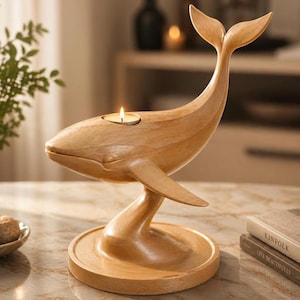 May include: A wooden whale-shaped candle holder with a lit candle in the center. The whale is light brown with a smooth finish, featuring fins and a tail. The candle holder sits on a round base.