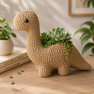 Puede incluir: Una maceta en forma de dinosaurio de color beige llena de suculentas. La maceta tiene un aspecto texturizado y tejido y un ojo negro. Las suculentas son de varios tonos de verde. La maceta está sobre una superficie de madera.