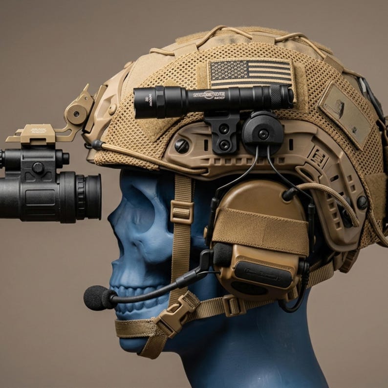 May include: Tan tactical helmet with attached night vision device, flashlight, and communication headset. The helmet features an American flag patch and various mounting accessories. The helmet is displayed on a blue skull.