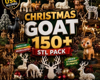 Puede incluir: Una colección digital de más de 150 archivos STL imprimibles en 3D con varias figuras de renos y ciervos en acabados dorados, blancos y marrones, incluyendo poses de pie y tumbadas, con el texto Christmas Goat 150+ STL Pack superpuesto.