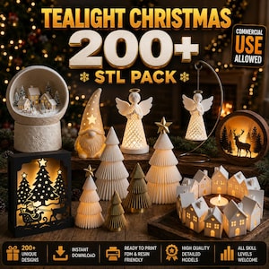 May include: A collection of 3D printable Christmas tealight decorations including a snow globe, gnome, angels, pleated trees, a reindeer shadow box, and a village set. Text reads: TEALIGHT CHRISTMAS 200+ STL PACK, COMMERCIAL USE ALLOWED.