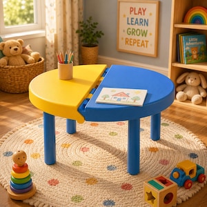 May include: A two-toned, semi-circular children's table with blue legs. The table's top is split into yellow and blue sections. A small drawing of a house sits on the blue side. The rug beneath the table is beige with colorful polka dots. A wooden toy train and a stacking toy are nearby.