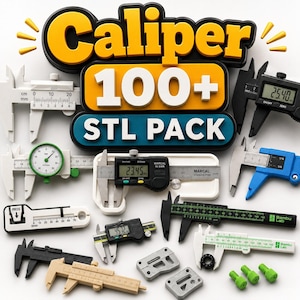 May include: A collection of various calipers including digital, dial, and manual models in black, white, blue, green, and wood tones. The text "Caliper 100+ STL PACK" is displayed in large, bold, yellow, white, and blue lettering at the top centre.