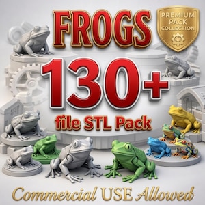 May include: An image showcasing a collection of 3D-printed frog models in various colors, including green, blue, and yellow. The image features the text "FROGS 130+ file STL Pack" and "Commercial USE Allowed."