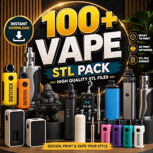 May include: A digital collection of 100+ vape STL files for 3D printing, featuring various vape device models in yellow, orange, black, blue, pink, purple, teal, and white, with a central gorilla figure and text reading 100+ VAPE STL PACK.