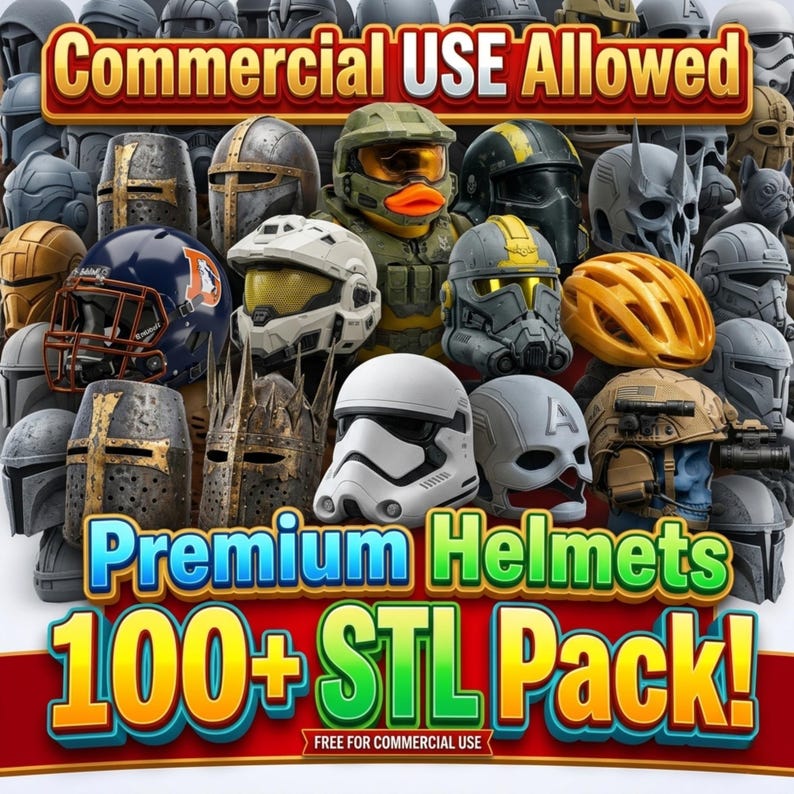 May include: A collection of various helmets, including a football helmet, a Stormtrooper helmet, and medieval helmets. The image includes text that reads "Commercial USE Allowed", "Premium Helmets", and "100+ STL Pack!"