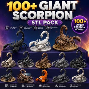 Könnte beinhalten: Eine digitale Sammlung von über 100 riesigen Skorpion-STL-Dateien für den 3D-Druck. Das Bild zeigt verschiedene Skorpionmodelle in Schwarz, Weiß, Braun und Orange, darunter skelettartige und blockartige Designs, auf einem violetten Stufenpodest.