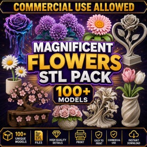 Könnte beinhalten: Eine digitale Sammlung von 3D-druckbaren Blumenmodellen mit dem Titel MAGNIFICENT FLOWERS STL PACK 100+ MODELS. Das Bild zeigt verschiedene Blumendesigns, darunter eine violette schmelzende Rose, rosa Tulpen, Kirschblüten und Gänseblümchen.
