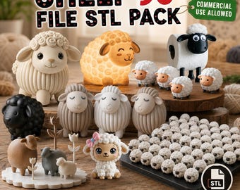 May include: A collection of 3D printable sheep figurines in various sizes and colors, including white, black, and gray. The image features text reading SHEEP 90+ FILE STL PACK and COMMERCIAL USE ALLOWED, showcasing multiple sheep designs for 3D printing.