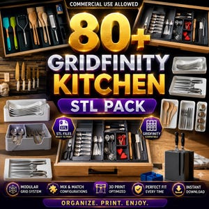 80+ Gridfinity Kitchen STL-pakket | Modulaire keukenopberger STL-bundel | Lade-organizer 3D-afdrukbestanden | Gridfinity-compatibel
