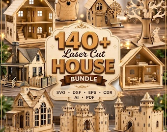 Peut inclure: Une collection numérique de modèles en bois découpés au laser comprenant des maisons de poupées, un château, un hibou et un arbre, avec le texte 140+ Laser Cut HOUSE BUNDLE SVG DXF EPS CDR AI PDF. L'image montre diverses structures architecturales.