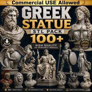 Grekisk staty STL-paket | 100+ antika grekiska skulpturer STL-filer | Zeusbyst STL | Athena-staty | Romersk mytologi 3D-utskrift | Kommersiellt bruk