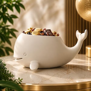 May include: A white ceramic whale-shaped bowl filled with wrapped chocolates. The bowl has a smooth finish and features a small fin, a tail, and a smiling face. The bowl is sitting on a marble surface.