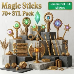 May include: A collection of gold-colored magic sticks and wands with glowing gemstones and intricate designs. The image includes the text "Magic Sticks 70+ STL Pack" and a green sign that says "Commercial USE Allowed".