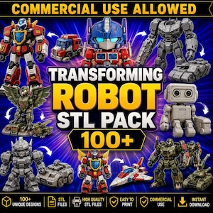 Può includere: Una collezione digitale di oltre 100 file STL di robot trasformabili per stampa 3D. L'immagine mostra varie figure di robot in rosso, blu, verde e grigio, insieme alle loro forme di veicoli, con il testo COMMERCIAL USE ALLOWED e 100+.