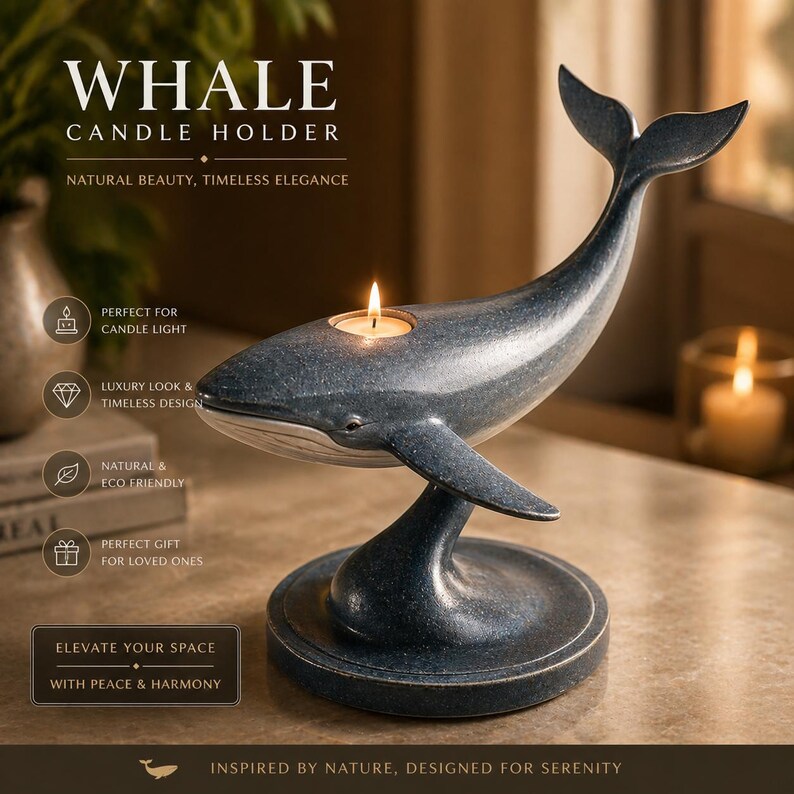 Puede incluir: Un portavelas con forma de ballena en un acabado azul oscuro. El portavelas tiene una base redonda y un cuerpo curvado con una aleta caudal. El texto "WHALE CANDLE HOLDER" est&aacute; en la parte superior de la imagen. Una vela encendida est&aacute; en la espalda de la ballena.