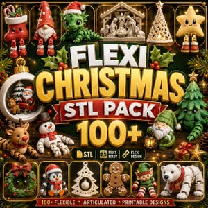 May include: A digital collection of 100+ 3D printable Christmas-themed articulated figures including a stocking, gnome, dragon, nativity scene, star, reindeer, snowman, wreath, penguin, gingerbread man, elf, and polar bear with the text FLEXI CHRISTMAS STL PACK.