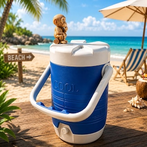 May include: A blue and white cooler with the word "COOL" printed on the side. A small wooden monkey figurine sits on top. The cooler has a white handle and is on a wooden surface near a beach.