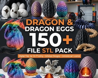 Paquete de más de 150 archivos STL de dragones, archivos STL de dragones flexibles, archivos STL de huevos de dragón, archivos de impresión 3D de dragones articulados, modelos de dragones de fantasía, paquete de archivos STL de decoración de dragones