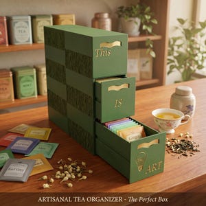 Può includere: Un organizer per tè verde con tre cassetti estraibili, ciascuno con lettere dorate. Il cassetto superiore recita "This", quello centrale "IS" e quello inferiore "ART". Sono visibili bustine di tè e una tazza.