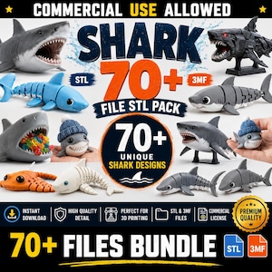 Puede incluir: Una colección digital de más de 70 modelos de tiburones imprimibles en 3D en formatos STL y 3MF. La imagen muestra varias figuras de tiburones, incluyendo diseños articulados, mecánicos y de estilo caricatura, algunos con gorros o dulces.