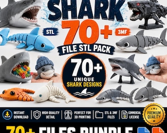 Paquete de archivos STL de tiburones (más de 70 archivos), paquete de impresión 3D de tiburones (modelos STL y 3MF), tiburones articulados (licencia comercial incluida).