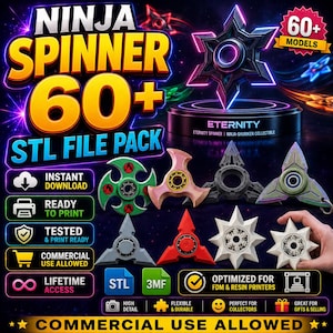 Ninja Spinner STL Bundle 60+ Models, Fidget Spinner 3D Print Pack STL & 3MF Files, Commercial License Included