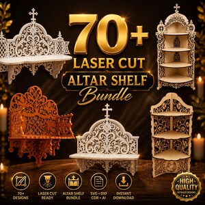 Puede incluir: Una colección digital de más de 70 diseños de estantes de altar cortados con láser, que incluye unidades de pared y de esquina de madera con patrones intrincados, cruces y motivos florales, presentados como un paquete para descarga instantánea en formatos SVG, DXF, CDR y AI.