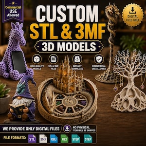 Op de afbeelding: Een verzameling 3D-printbare digitale bestanden, waaronder een paarse giraf-telefoonstandaard, een staf met drakenkop, een tovenaarsfiguur, een kasteel-dobbelsteenbak met draak en een boomvormige sieradenorganizer met tekst CUSTOM STL & 3MF 3D MODELS.