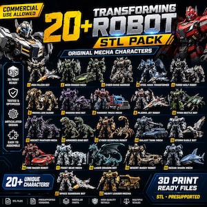 Pode incluir: Uma coleção digital de mais de 20 arquivos STL de robôs para impressão 3D, apresentando personagens mecha originais como o Iron Falcon, Cyber Rhino e Thunder Truck. A imagem exibe vários designs de robôs articulados e seus veículos.