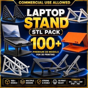 Puede incluir: Una colección digital de más de 100 modelos 3D de soportes para portátiles para impresión 3D, con varios diseños en negro, blanco y naranja. El paquete incluye formatos de archivo STL, OBJ, 3MF, STEP y FBX para uso comercial.