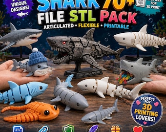 Paquete de archivos STL de tiburones (más de 70 archivos), modelos 3D de tiburones articulados, paquete flexible de animales marinos, descarga digital de criaturas marinas.