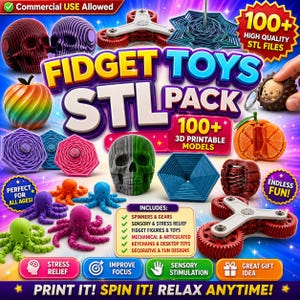 Può includere: Un'immagine vivace che mostra una varietà di giocattoli fidget stampati in 3D, tra cui teschi, polpi, ingranaggi e forme geometriche. Il testo recita "Fidget Toys STL Pack" con oltre 100 file STL di alta qualità. L'immagine evidenzia il sollievo dallo stress e la stimolazione sensoriale.