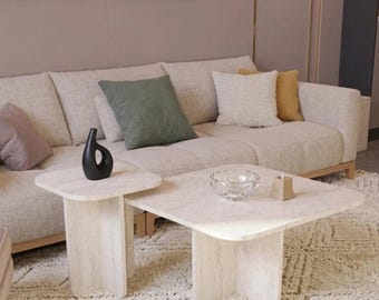Coffee Table Set Travertine Pattern Scandinavian Boho Modern Decor, Minimalist Living Room Table, Trendy Home Decor Gift Idea Gift