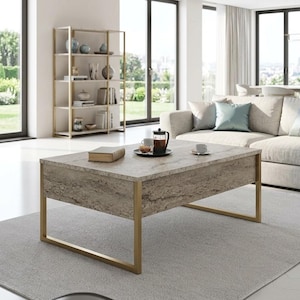 Modern Rectangle Coffee Table 90x60x40 Marble Look Suntalam Iron Legs Gold or Black Luxury Living Room Center Table
